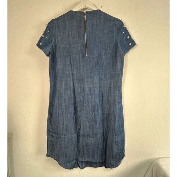 Joseph Ribkoff Pearl Embellished Denim Shift Dress Size 4 Short Sleeve Mini Blue - Picture 2 of 7